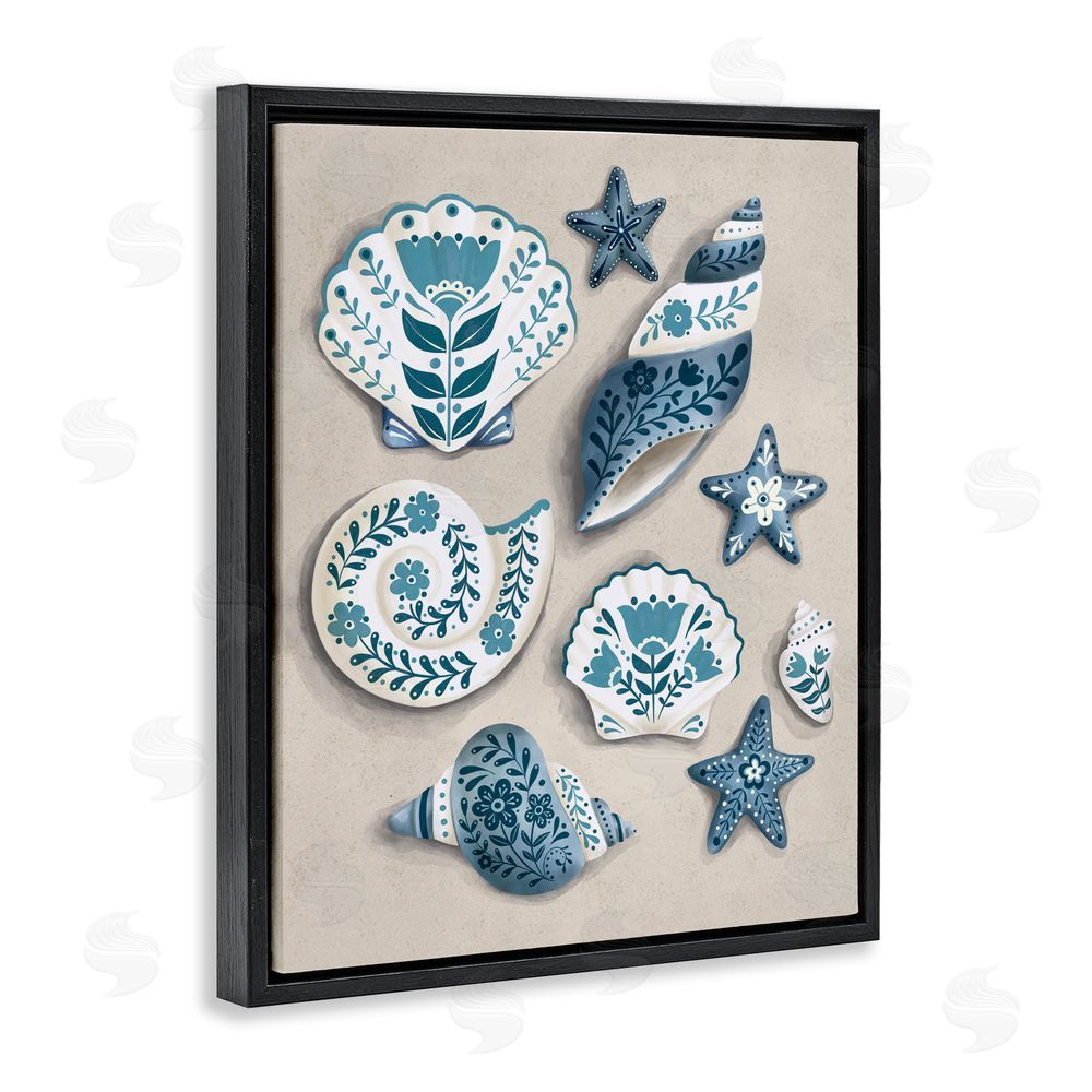 Penny Aguilera Teal Nautical Floral Seashells Black Floating Framed Canvas Wall Art Print