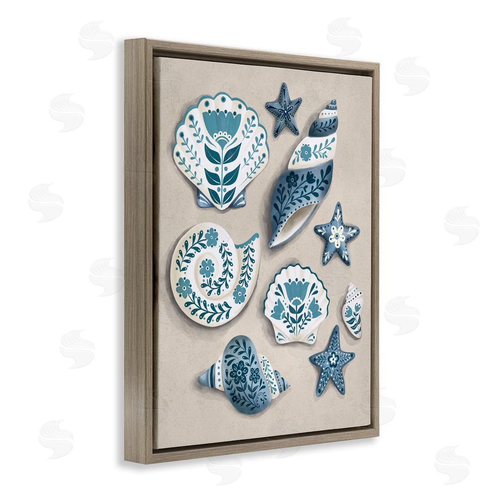 Penny Aguilera Teal Nautical Floral Seashells Brown Floating Framed Canvas Wall Art Print