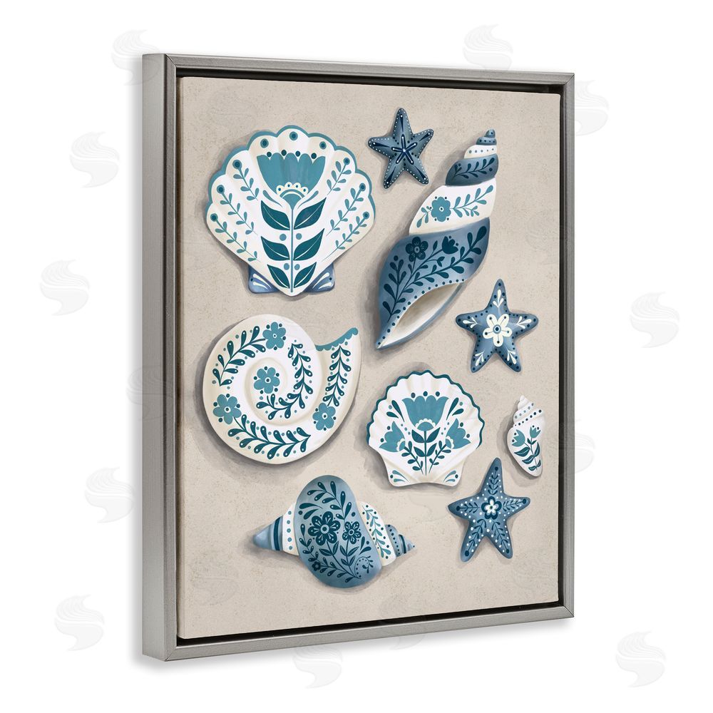 Penny Aguilera Teal Nautical Floral Seashells Gray Floating Framed Canvas Wall Art Print