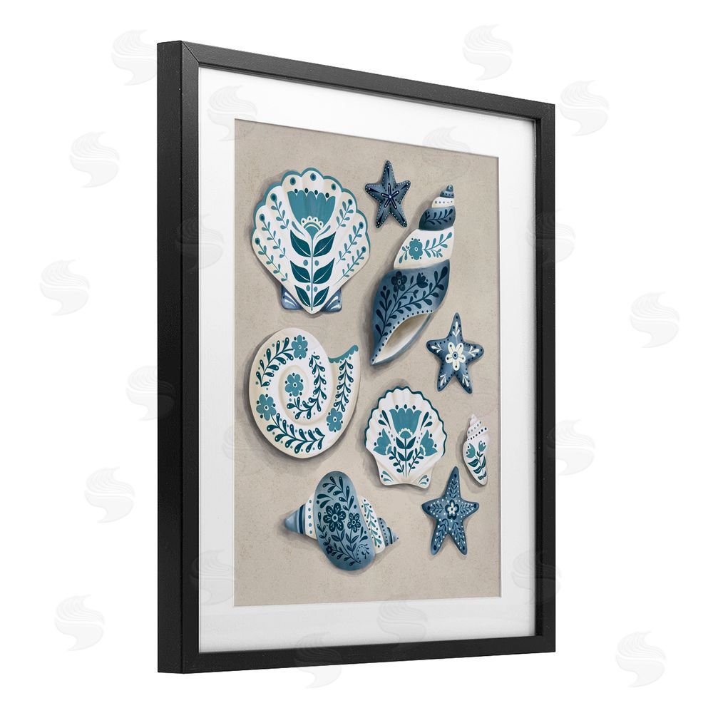 Penny Aguilera Teal Nautical Floral Seashells Black Framed Print Under Glass with White Mat Wall Art