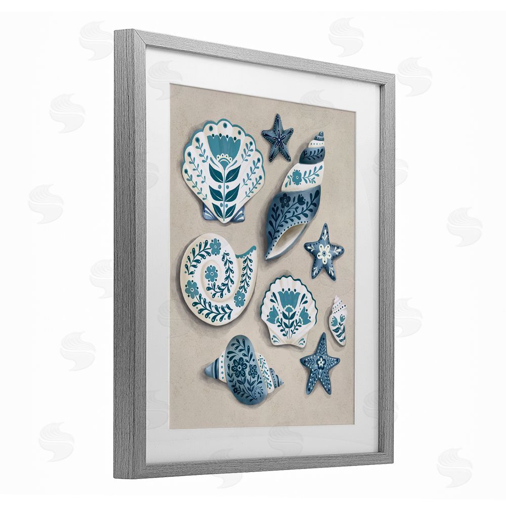 Penny Aguilera Teal Nautical Floral Seashells Gray Framed Print Under Glass with White Mat Wall Art
