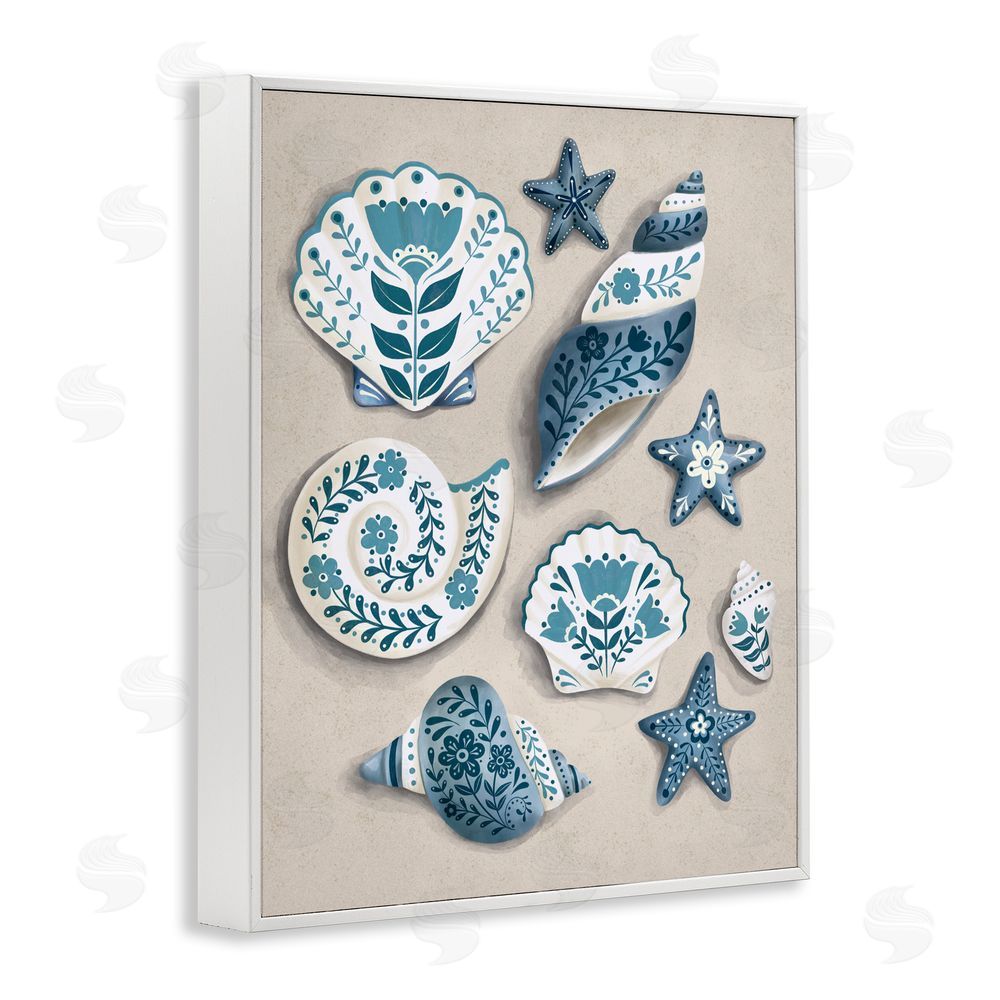 Penny Aguilera Teal Nautical Floral Seashells White Framed Giclee Wall Art Print