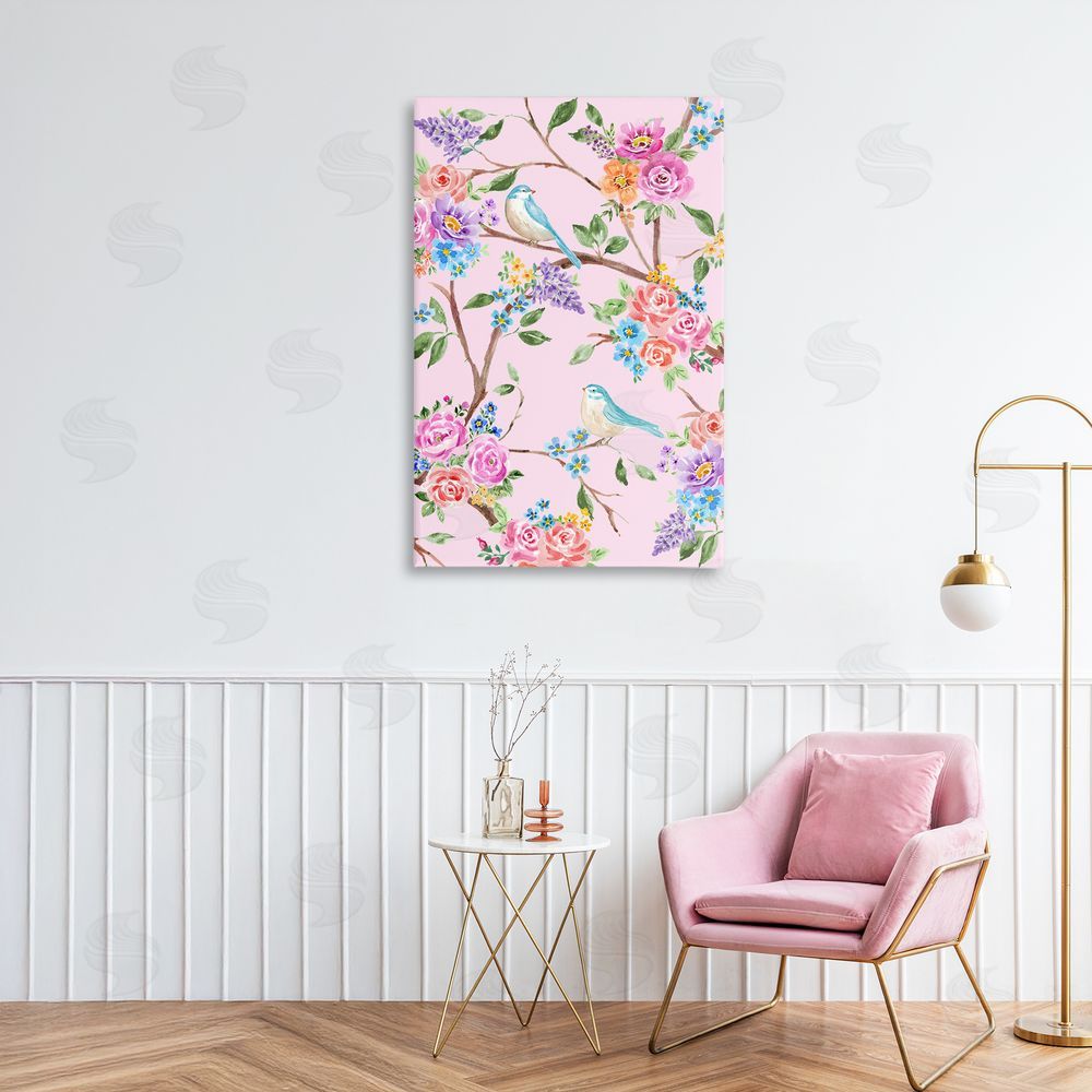 Corinne Haig Pink & Blue Spring Florals Stretched Canvas Wall Art Print in Room