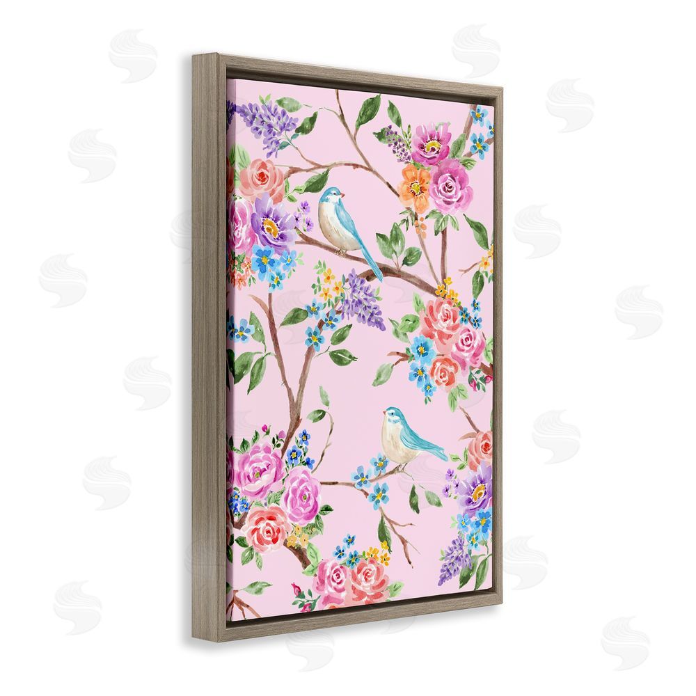 Corinne Haig Pink & Blue Spring Florals Brown Floating Frame Canvas Wall Art Print