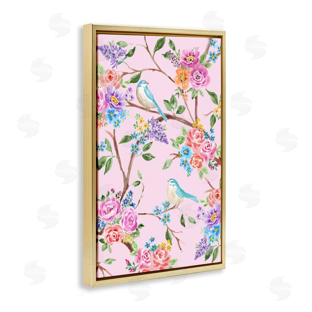 Corinne Haig Pink & Blue Spring Florals Gold Floating Frame Canvas Wall Art Print