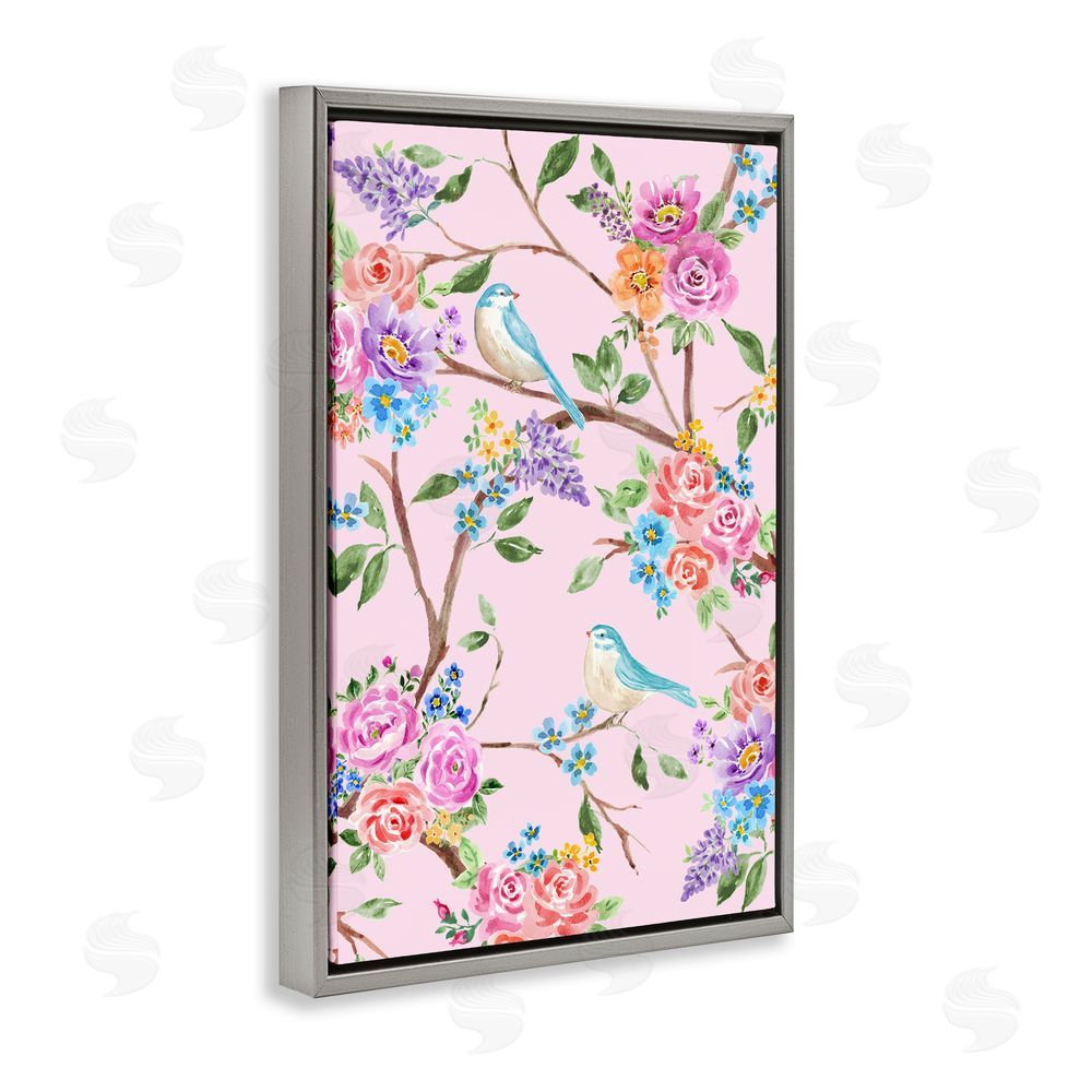 Corinne Haig Pink & Blue Spring Florals Gray Floating Frame Canvas Wall Art Print