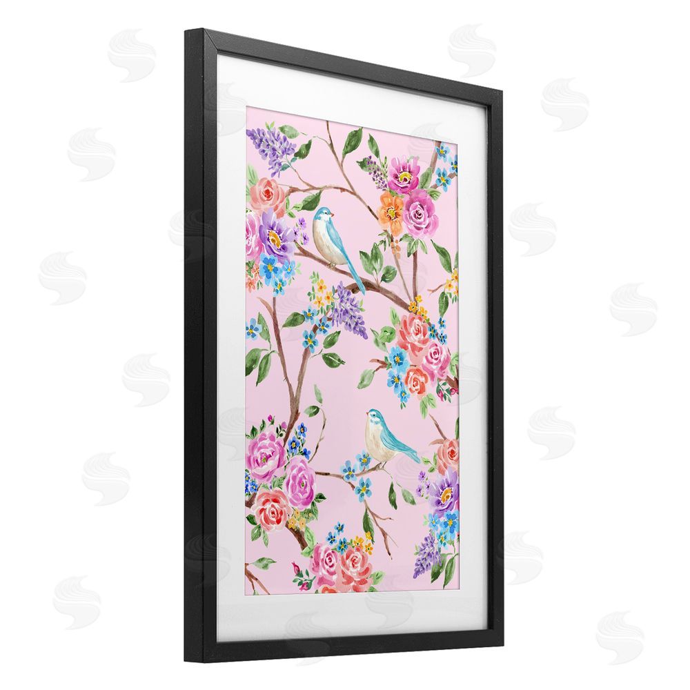 Corinne Haig Pink & Blue Spring Florals Black Framed Print Under Glass Wall Art