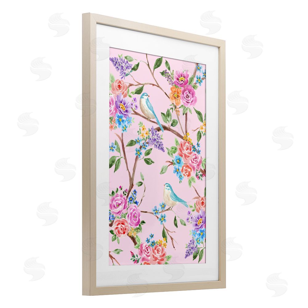 Corinne Haig Pink & Blue Spring Florals Brown Framed Print Under Glass Wall Art