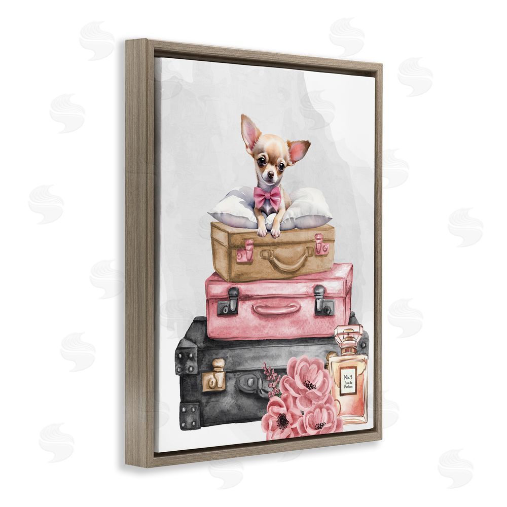 Kim Allen Trendy Pup Travel Brown Floating Frame Canvas Wall Art Print