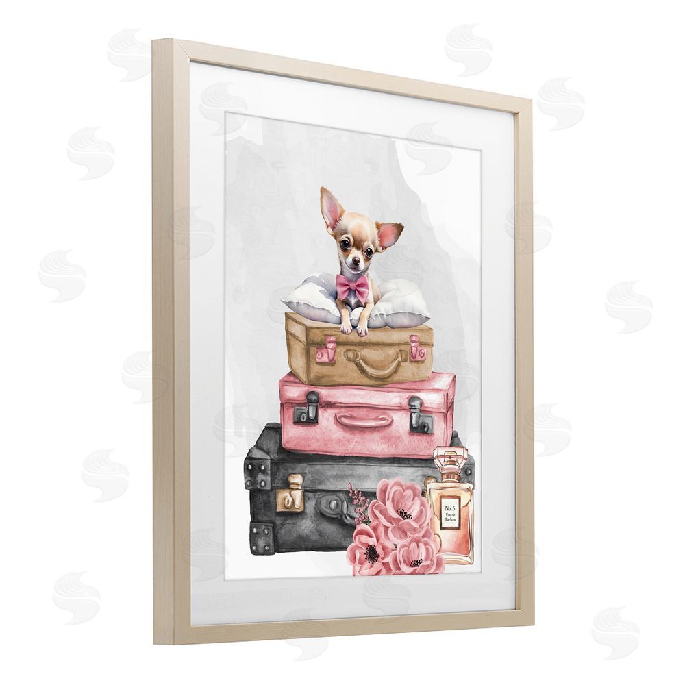 Kim Allen Trendy Pup Travel Brown Framed Print Under Glass Wall Art
