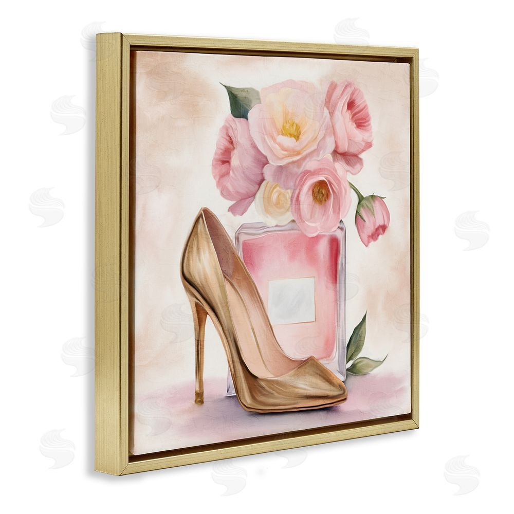 Kim Allen Pink Beauty Heel & Flowers Gold Floating Frame Canvas Wall Art Print