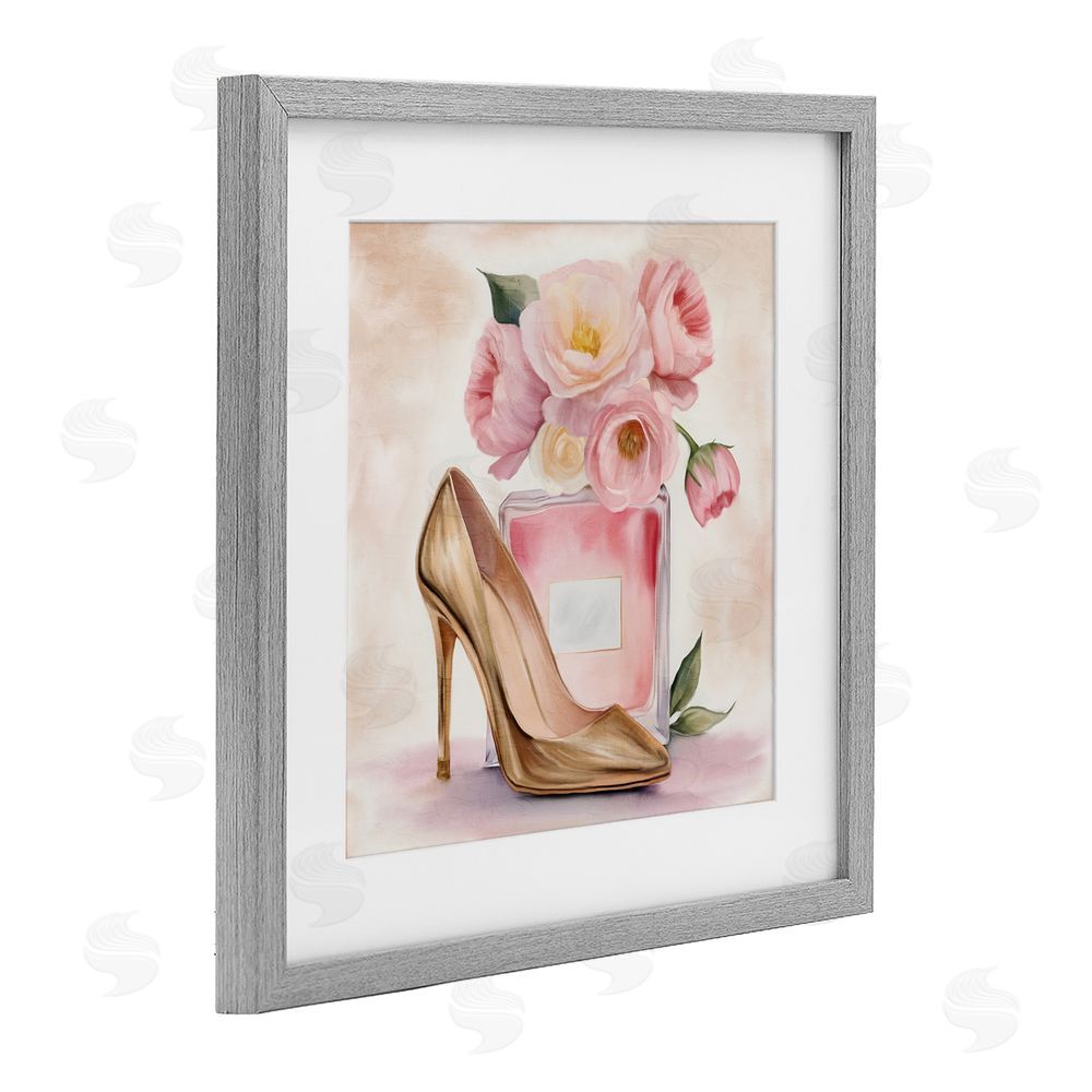 Kim Allen Pink Beauty Heel & Flowers Gray Framed Print Under Glass Wall Art
