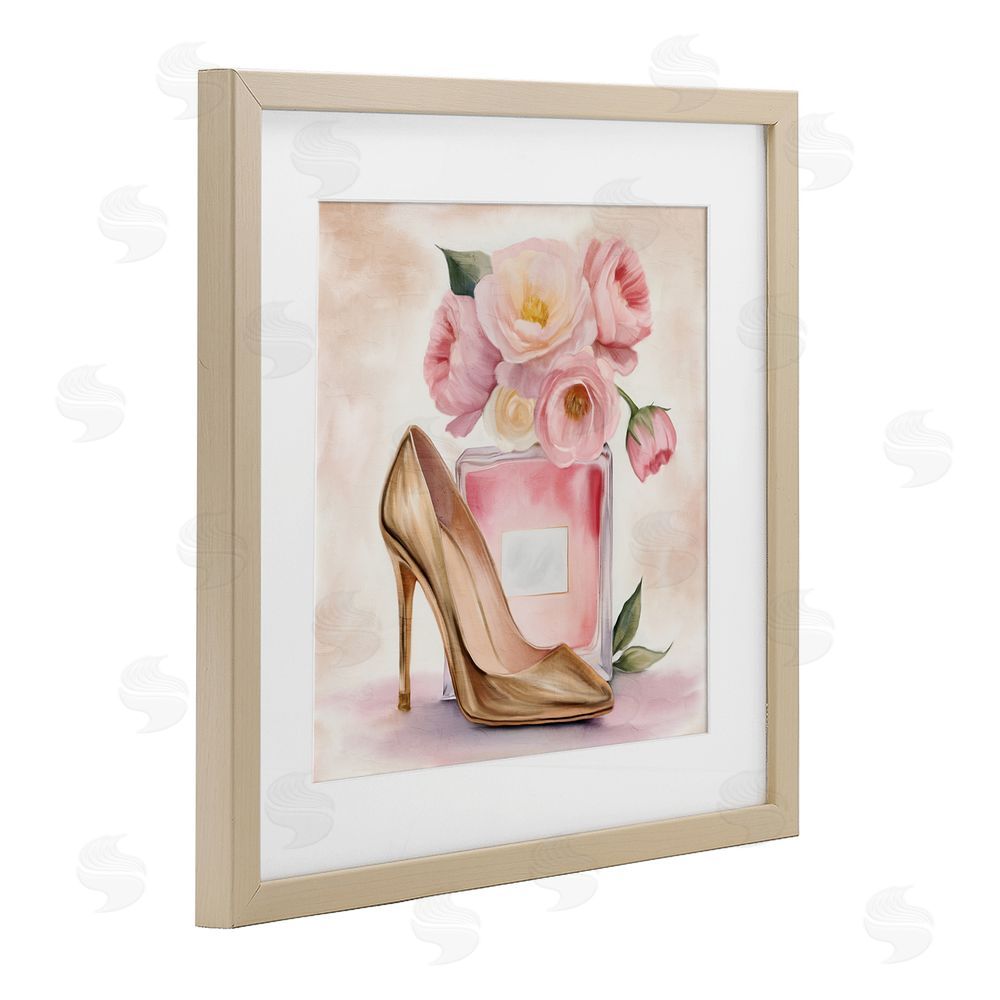Kim Allen Pink Beauty Heel & Flowers Brown Framed Print Under Glass Wall Art
