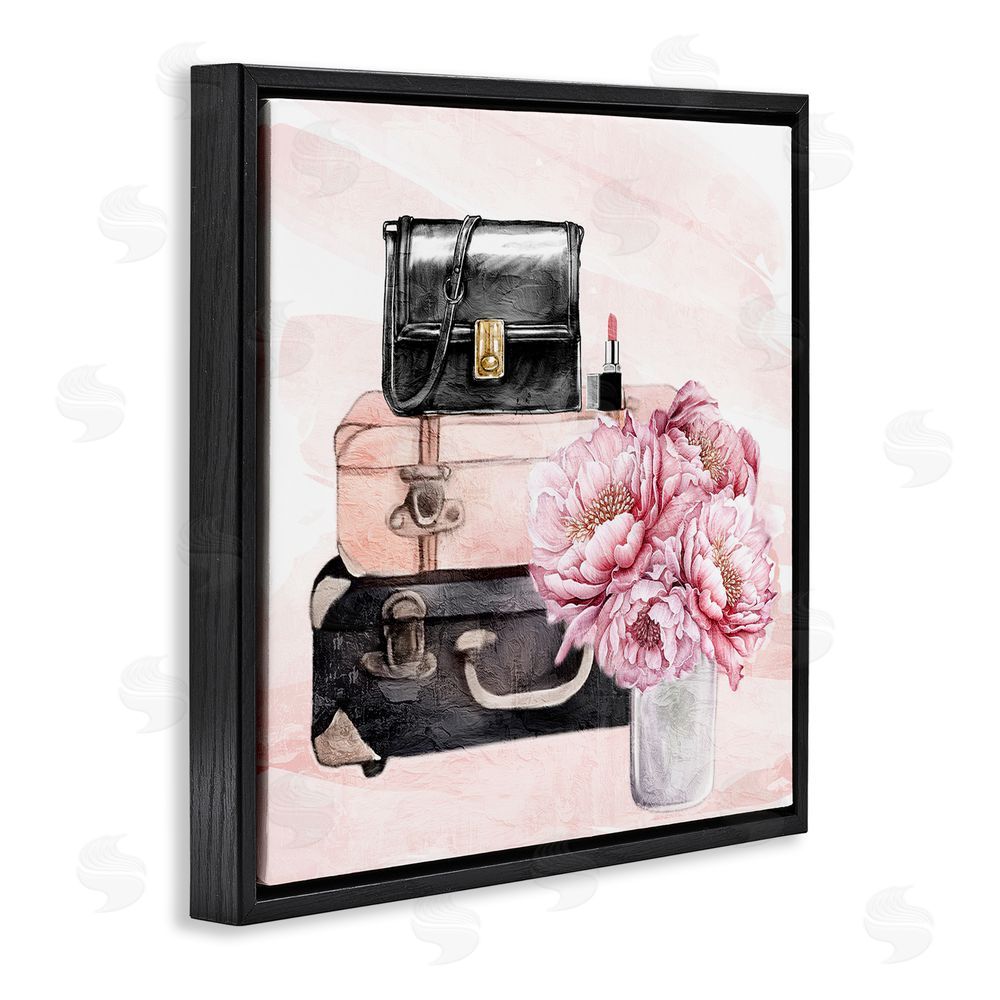 Kim Allen Glam Time Stacked Bags Black Floating Frame Canvas Wall Art Print