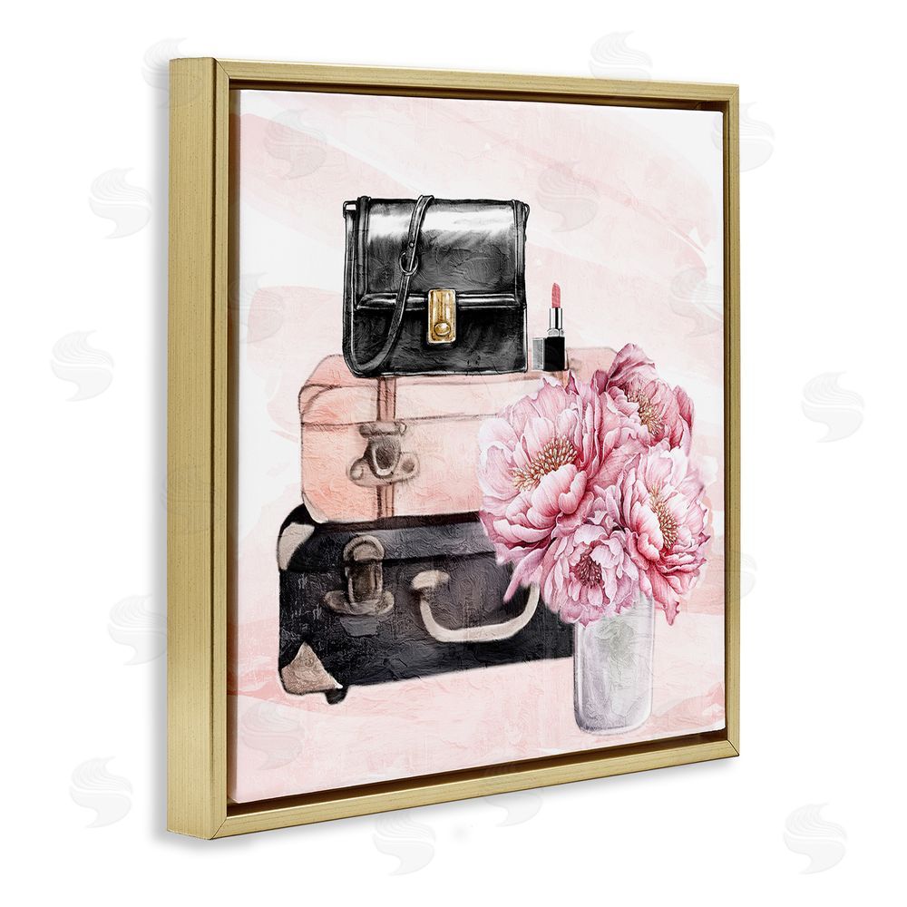 Kim Allen Glam Time Stacked Bags Gold Floating Frame Canvas Wall Art Print