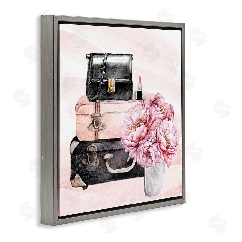Kim Allen Glam Time Stacked Bags Gray Floating Frame Canvas Wall Art Print
