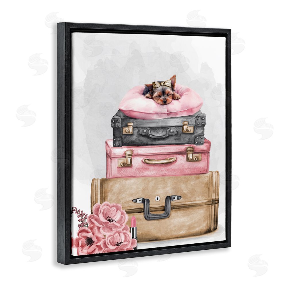 Kim Allen Sleepy Pup Travel Black Floating Frame Canvas Wall Art Print