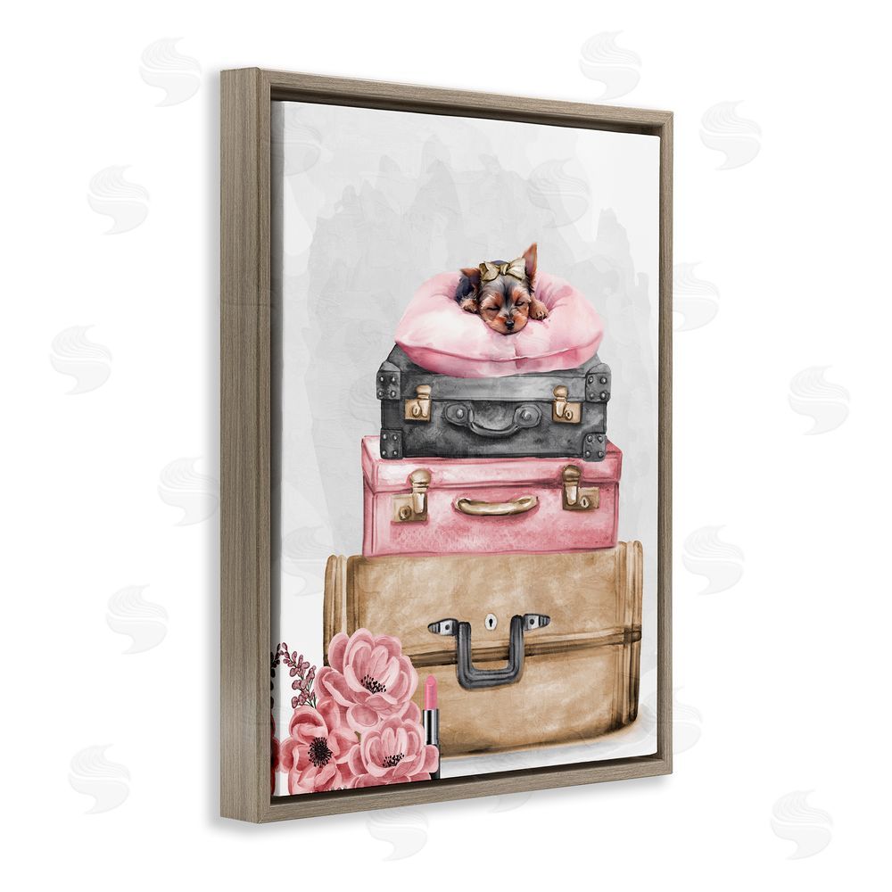 Kim Allen Sleepy Pup Travel Brown Floating Frame Canvas Wall Art Print