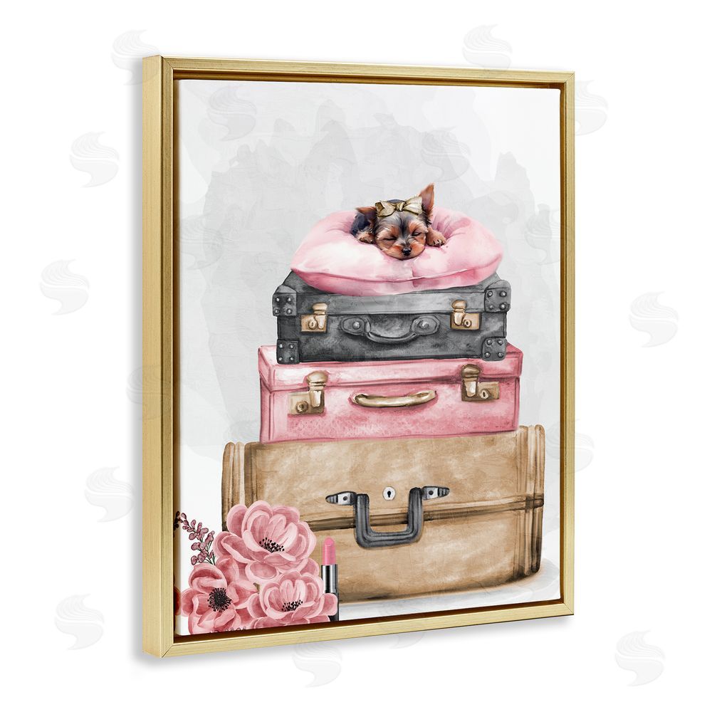 Kim Allen Sleepy Pup Travel Gold Floating Frame Canvas Wall Art Print