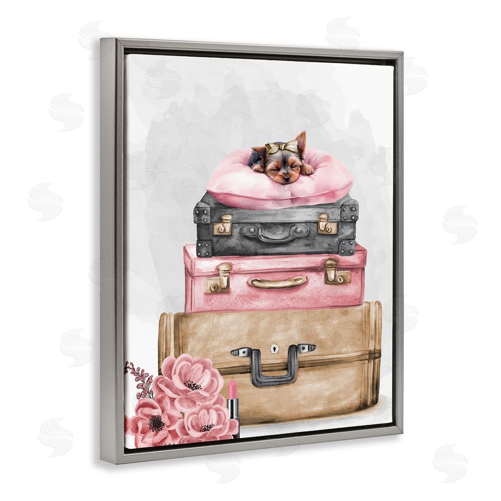 Kim Allen Sleepy Pup Travel Gray Floating Frame Canvas Wall Art Print