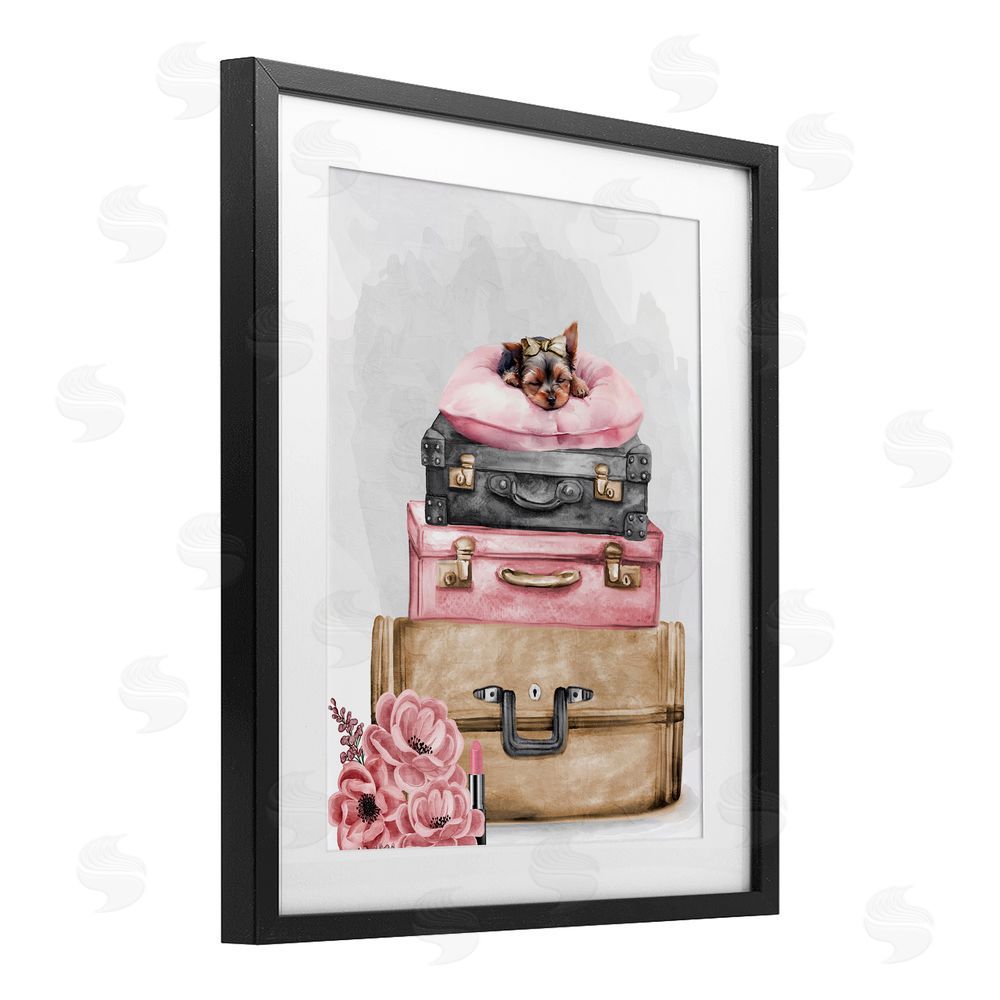 Kim Allen Sleepy Pup Travel Black Framed Print Under Glass Wall Art