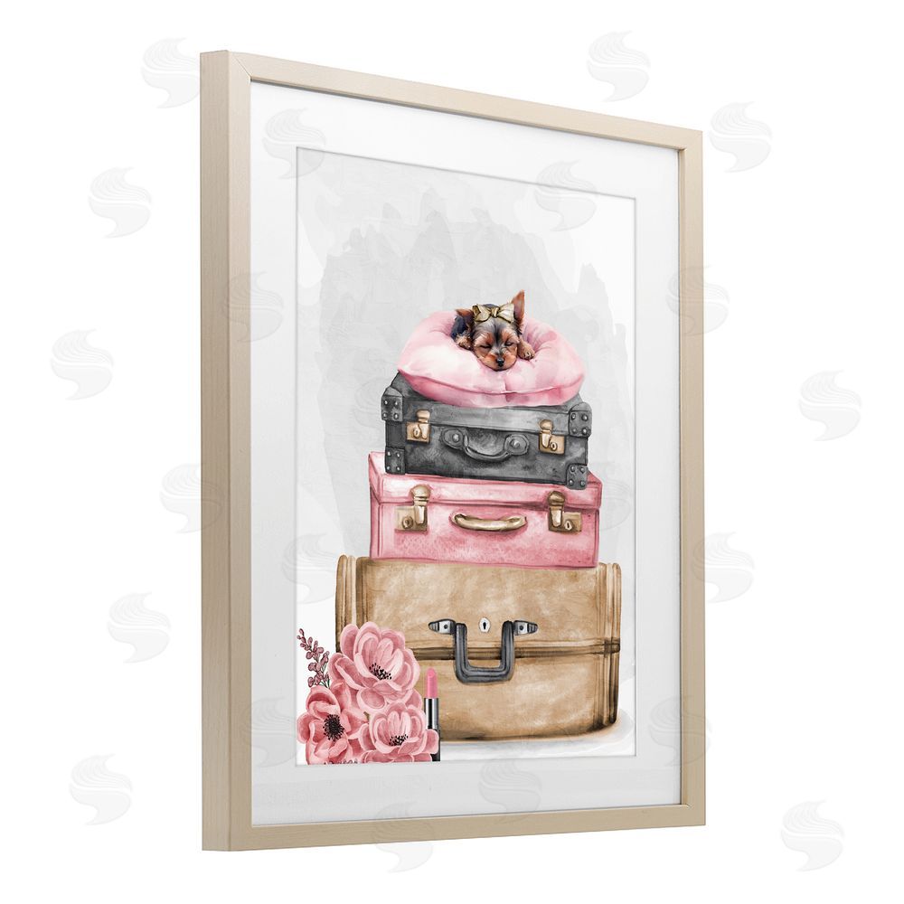 Kim Allen Sleepy Pup Travel Brown Framed Print Under Glass Wall Art