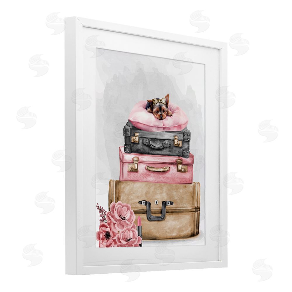 Kim Allen Sleepy Pup Travel White Framed Print Under Glass Wall Art
