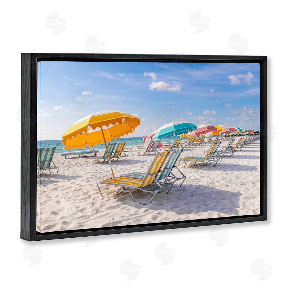 Richard Silver Striped Umbrellas on Sunny Beach Black Floating Frame Canvas Wall Art Print