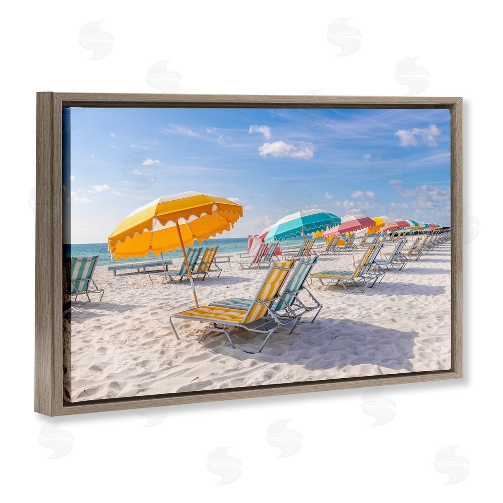 Richard Silver Striped Umbrellas on Sunny Beach Brown Floating Frame Canvas Wall Art Print