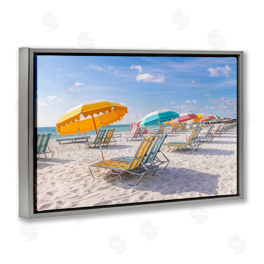 Richard Silver Striped Umbrellas on Sunny Beach Gray Floating Frame Canvas Wall Art Print