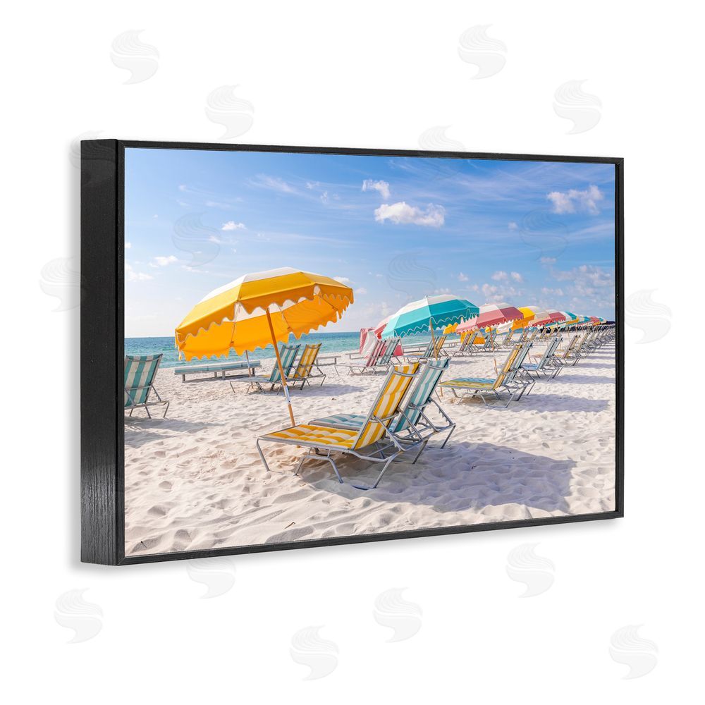 Richard Silver Striped Umbrellas on Sunny Beach Black Framed Giclee Wall Art Print