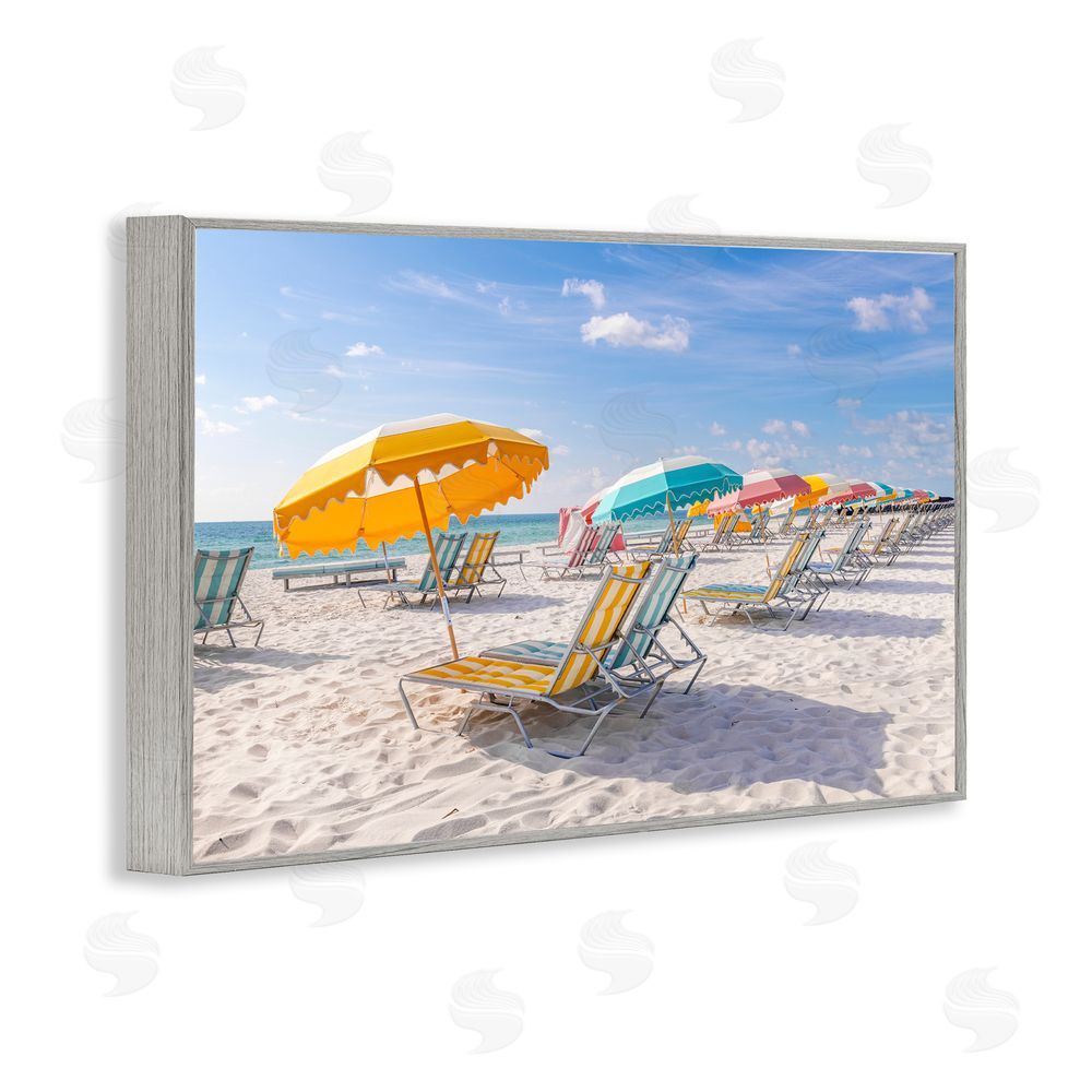 Richard Silver Striped Umbrellas on Sunny Beach Gray Framed Giclee Wall Art Print