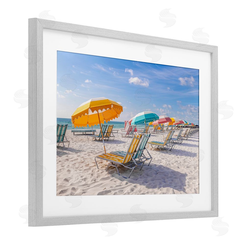 Richard Silver Striped Umbrellas on Sunny Beach Gray Framed Print Under Glass Wall Art