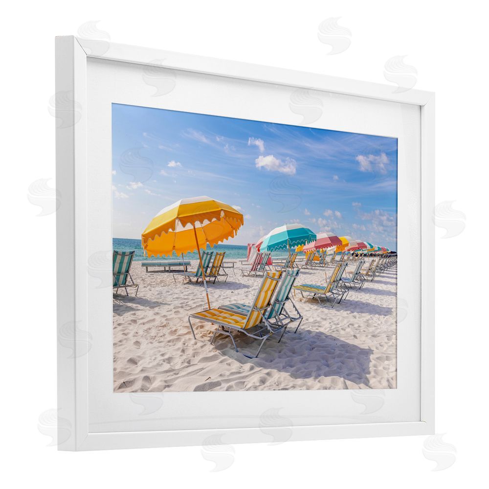 Richard Silver Striped Umbrellas on Sunny Beach White Framed Print Under Glass Wall Art