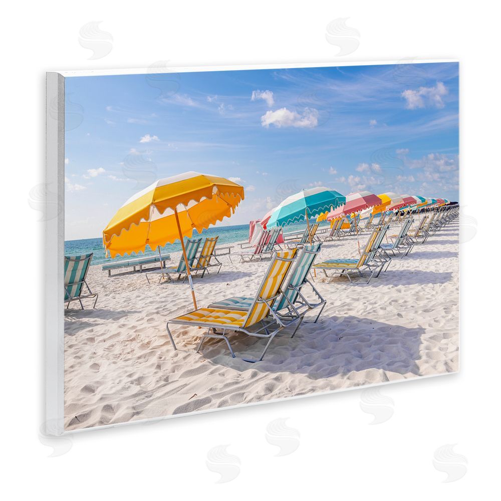 Richard Silver Striped Umbrellas on Sunny Beach Wooden Wall Plaque Art Print