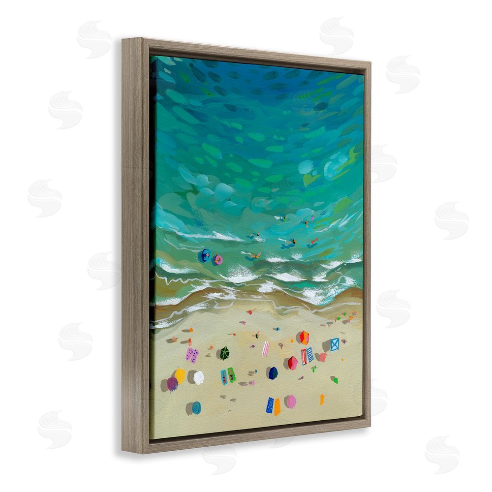 Brook Page Aerial Beachside with Umbrellas Brown Floating Frame Canvas Wall Art Print