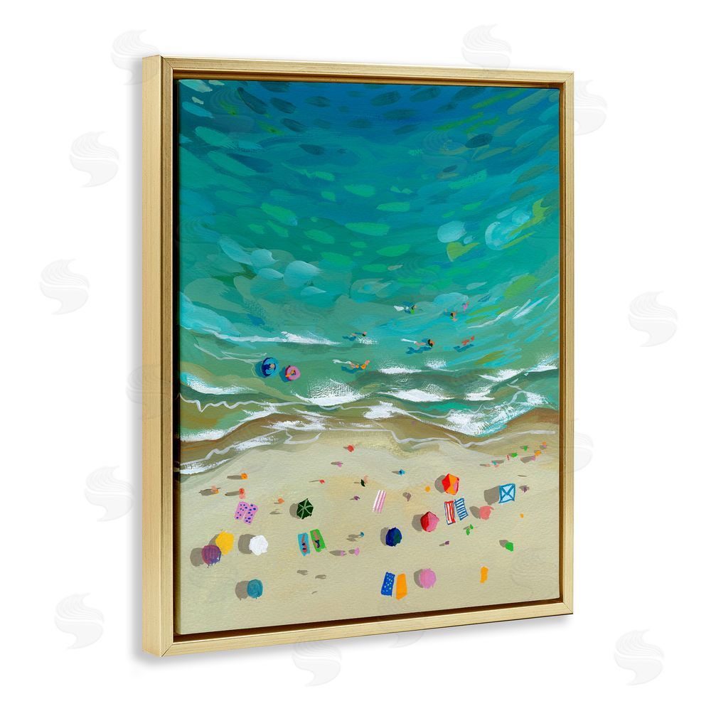 Brook Page Aerial Beachside with Umbrellas Gold Floating Frame Canvas Wall Art Print