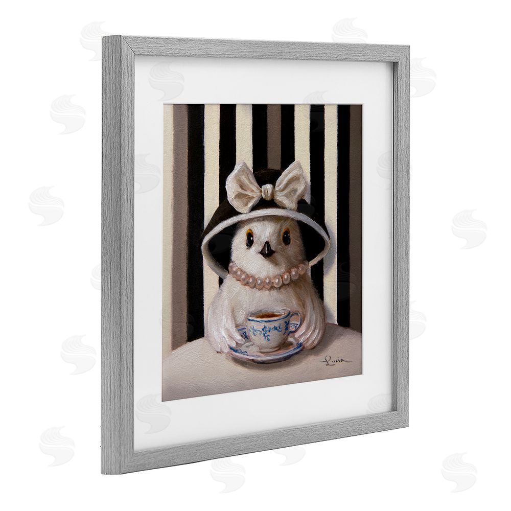Lucia Heffernan Chic Fashionable Chick & Teacup Gray Framed Print Under Glass with White Mat Wall Art