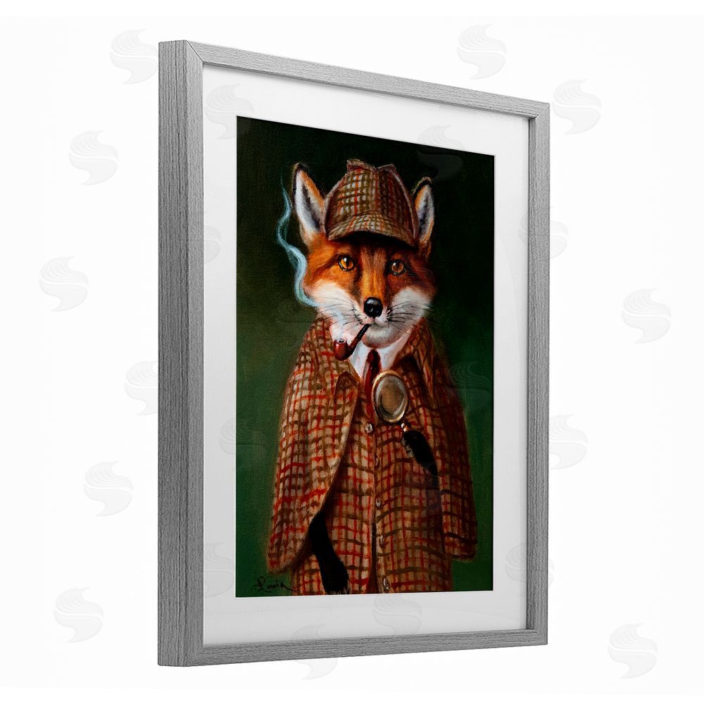 Lucia Heffernan Detective Fox with Pipe Gray Framed Print Under Glass with White Mat Wall Art