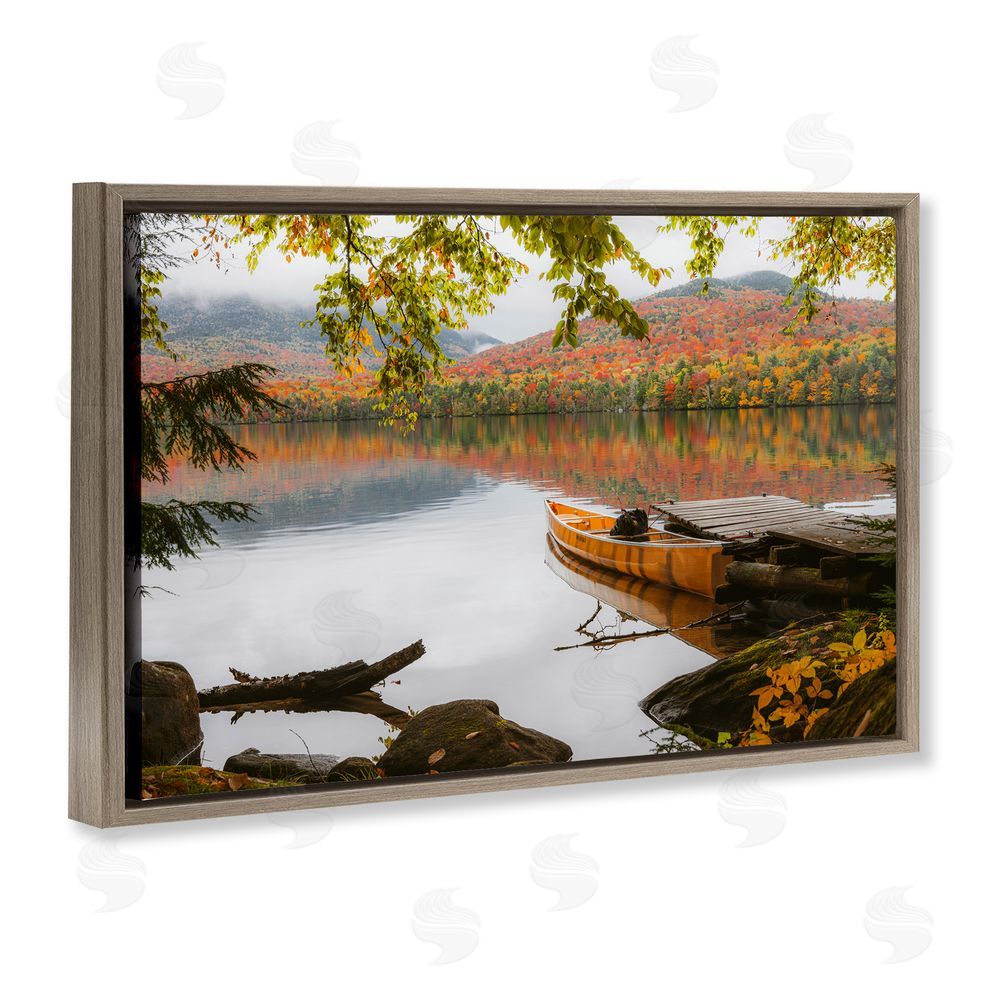 Jonathan Zaharek Calm Foliage & Boat Dock Brown Floating Frame Canvas Wall Art Print