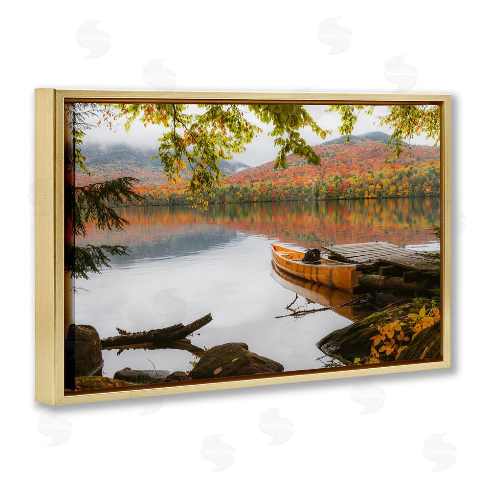 Jonathan Zaharek Calm Foliage & Boat Dock Gold Floating Frame Canvas Wall Art Print