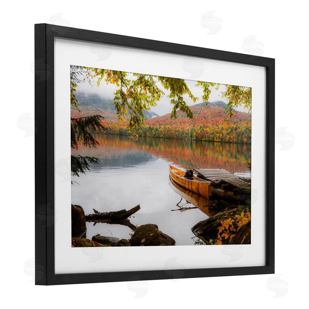Jonathan Zaharek Calm Foliage & Boat Dock Black Framed Print Under Glass with White Mat Wall Art