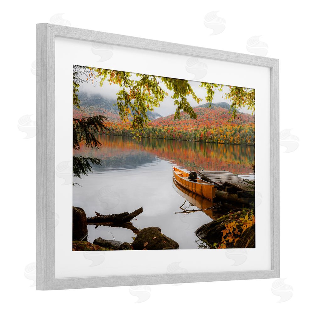 Jonathan Zaharek Calm Foliage & Boat Dock Gray Framed Print Under Glass with White Mat Wall Art
