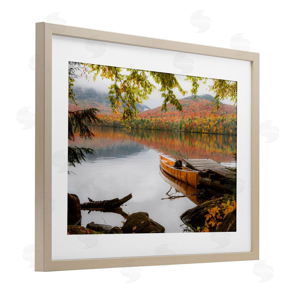 Jonathan Zaharek Calm Foliage & Boat Dock Birch Framed Print Under Glass with White Mat Wall Art
