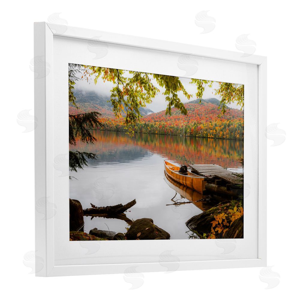 Jonathan Zaharek Calm Foliage & Boat Dock White Framed Print Under Glass with Mat Wall Art