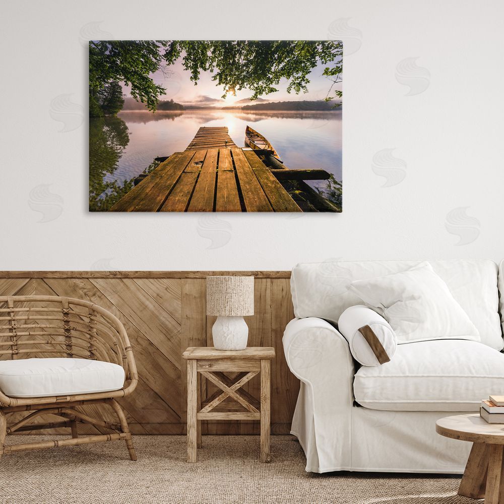 Jonathan Zaharek Misty Morning Light on Lake Stretched Canvas Wall Art in Room