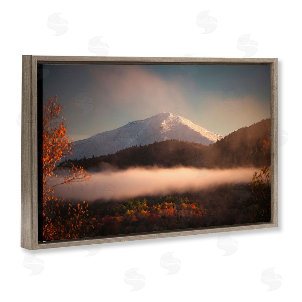Jonathan Zaharek Fall Foliage & Snowy Mountain Peak Brown Floating Frame Canvas Wall Art Print