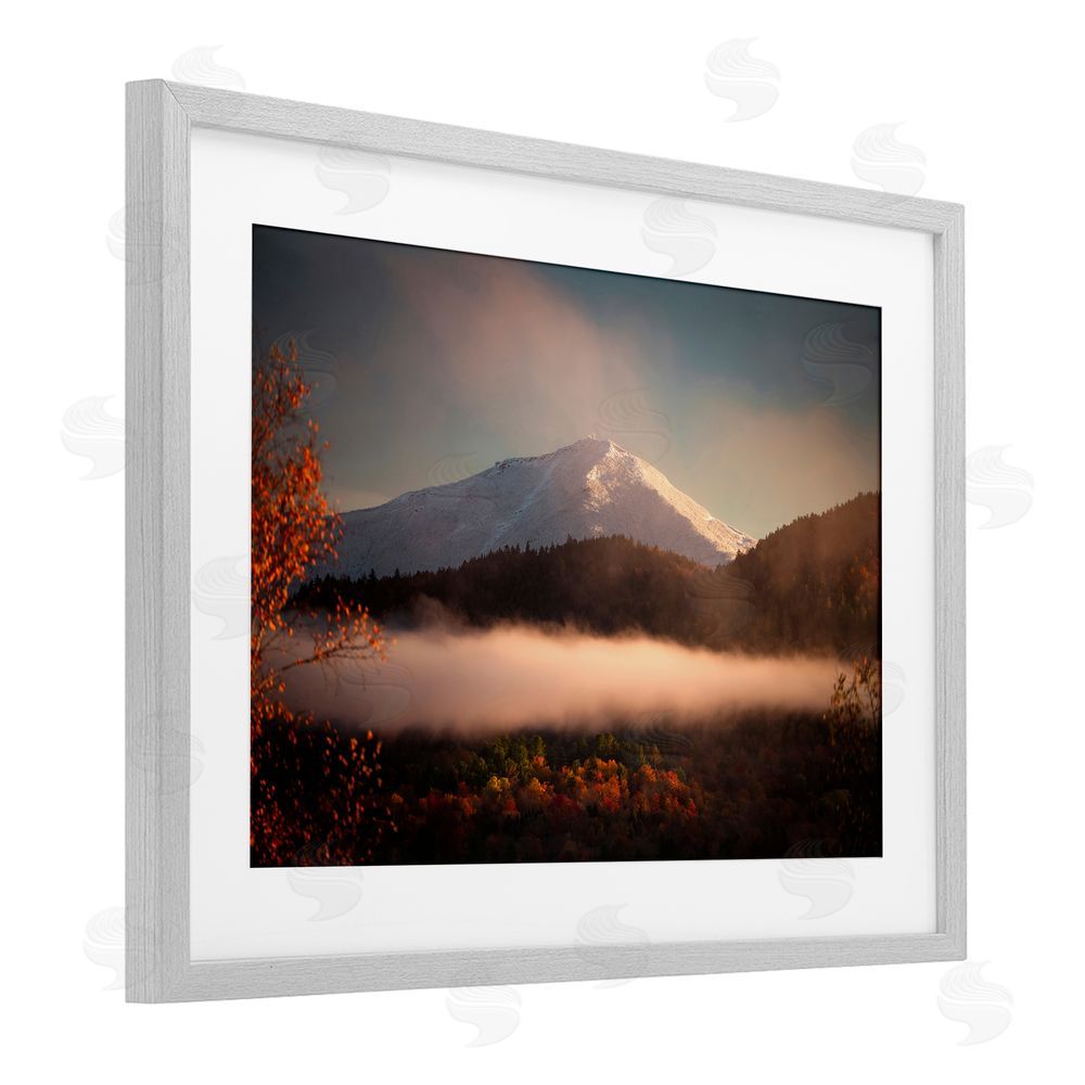 Jonathan Zaharek Fall Foliage & Snowy Mountain Peak Gray Framed Print Under Glass with White Mat Wall Art