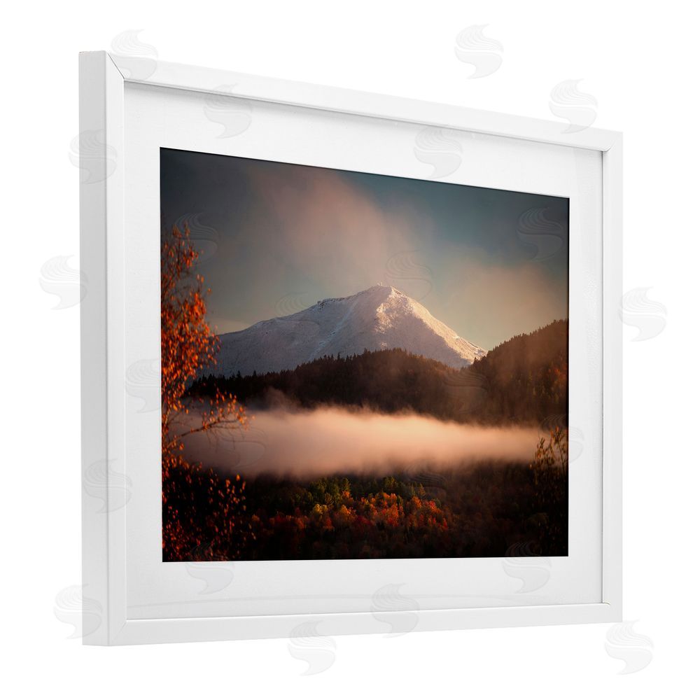 Jonathan Zaharek Fall Foliage & Snowy Mountain Peak White Framed Print Under Glass with Mat Wall Art