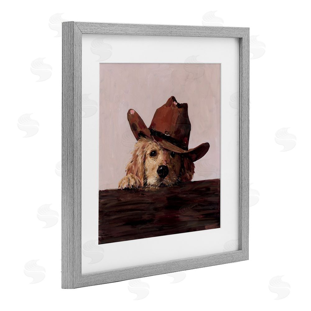 Studio Bautista Peeking Cowboy Dog Gray Framed Print Under Glass with White Mat Wall Art